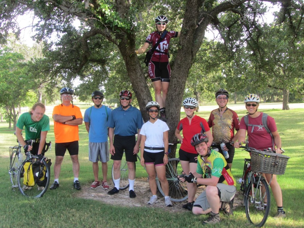 Bicyclists with Nicole up a tree.