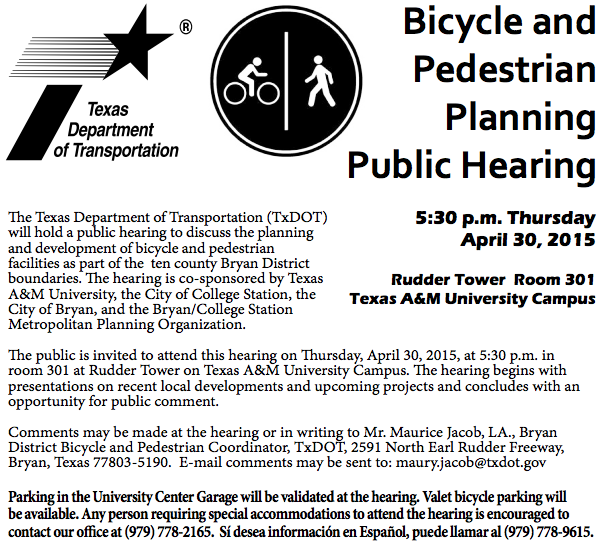 he public is invited to attend this hearing on Thursday, April 30, 2015, at 5:30 p.m. in   room 301 at Rudder Tower